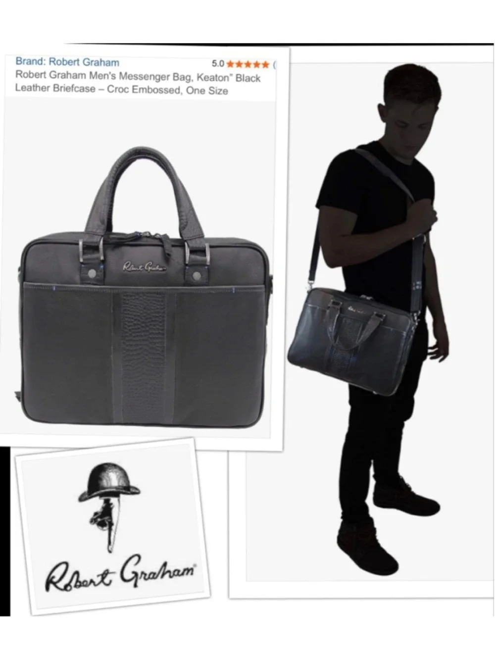 Robert Graham Quiet Luxury Mens Briefcase Laptop Messenger Bag in Black Leather